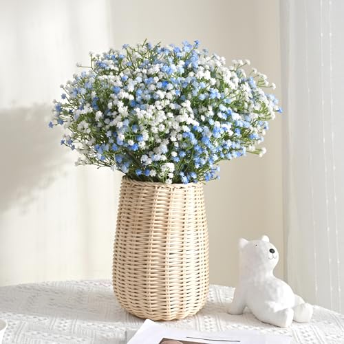 Elyum Babys Breath Artificial Flowers, 12 Pcs Long Stem Baby Breath Flowers Artificial Bulk, Real Touch Blue Fake Babys Br...