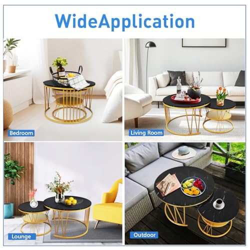 Round Nesting Coffee Tables Set: Black Gold Marble Coffee Table Set of 2 - Modern Metal Stacking Side Table for Living Roo...