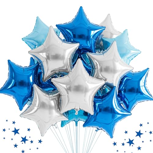 TONIFUL 30Pcs 18 Inch Large Blue Silver Star Shape Foil Balloons Big Stars Helium Mylar Ballons for Birthday Wedding Baby ...