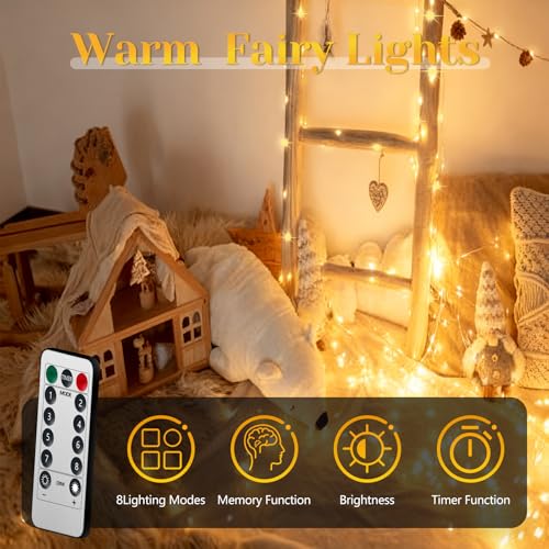 Flechllary 2Pack-400LED 134FT Fairy Lights Battery Operated with Remote，Waterproof String Lights for Indoor & Outdoor,8 Mo...