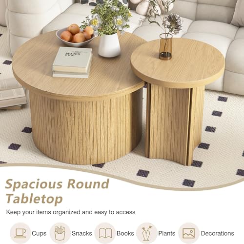 Mxtxmy Set of 2 Nesting Coffee Tables Farmhouse,Round Coffee Table Living Room,Wood Finish Coffee Table Set, Small Coffee ...