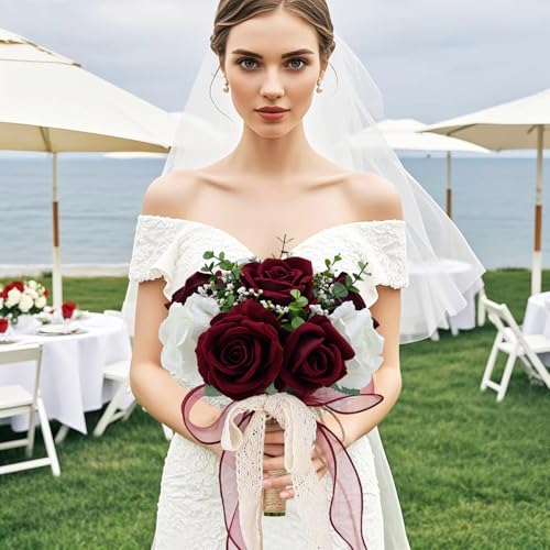 Vkkperp 9in Wedding Bouquets for Bride Bridesmaid, Burgundy & White Artificial Roses Flowers Bouquet for Rustic Church Boh...