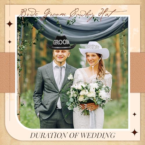 Geyoga 2 Pcs Bride Cowgirl Hat with Veil Feathers Black Groom Cowboy Hats for Wedding Bridal Shower Decor Gifts