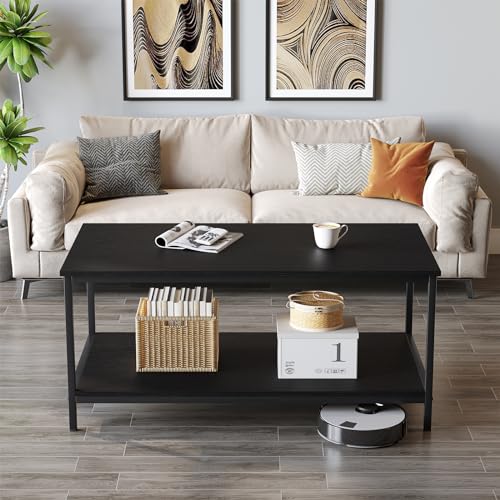 SAYGOER Black Coffee Table for Living Room Modern Rectangle 2-Tier Coffee Tables with Storage Industrial Wood Center Table...