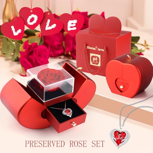 Suturun Preserved Real Rose,Eternal Flower Rose with Heart Necklace,Preserved Flowers Rose Gifts for Women,Girlfriend,Mom,...