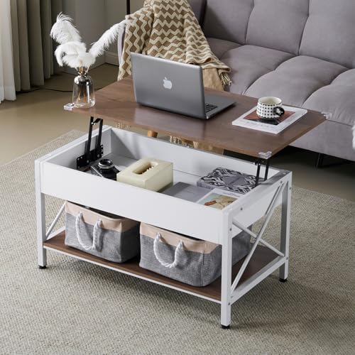 VINGLI 36" Lift Top Coffee Table with Free Cloth Storage Bins, White Walnut Framhouse Coffee Tables for Living Room, Small...