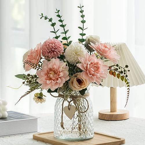 Aubcee Fake Flowers with Vase,Faux Flowers in Vase for Home Decor,Silk Pink Dahlia Artificial Flowers with Vase for Coffee...