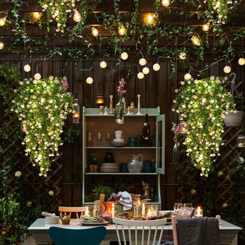 RECUTMS 3 Pcs Hanging Fake Plants Fake Vines Artificial Plants Large Faux Hanging Plant with 30 LED String Light, Artifici...