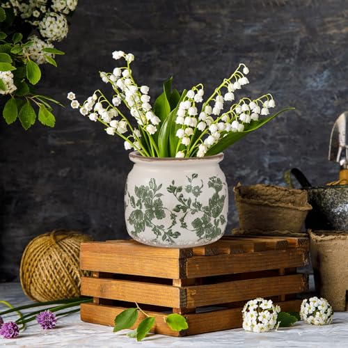 Ninehaoou Vintage Planter Large Ceramic Plants Pot Beige Green Vintage Floral Ice Crack Cottage Scroll Vase Flower Vase Po...