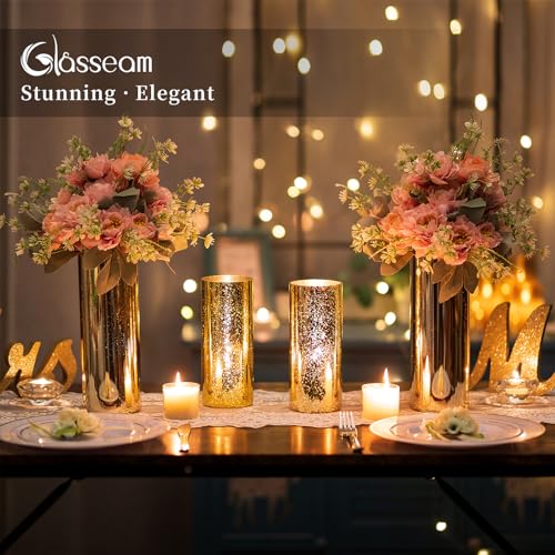 Glasseam Mercury Gold Candle Holders, Set of 6 Glass Hurricane Candle Holder, Glitter Pillar Candle Holder for Table, Mode...