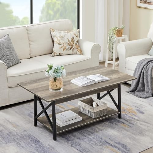 GreenForest Coffee Table with Storage, 39inch Modern 2-Tier Coffee Tables for Living Room, X-Frame Design Farmhouse Coffee...