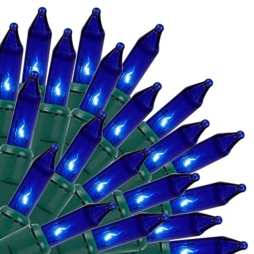 Blue Christmas Lights Indoor Outdoor, 33FT 150 Count Incandescent Mini Halloween String Lights, 120V UL Certified Green Wi...