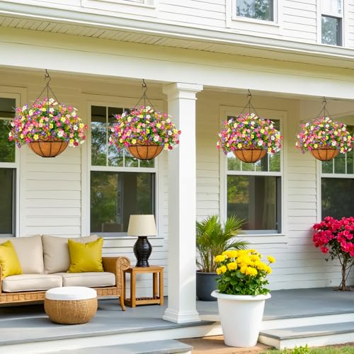 Ouddy Decor Artificial Hanging Flowers with Basket, Faux Silk Flowers in Coconut Lining Basket, Spring Summer Outdoor Deco...