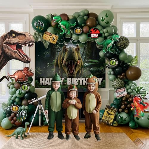 ROAR Dinosaur Birthday Decorations include Sage Green Brown balloon arch & small T-Rex Foil balloons & backdrop Sign & Art...