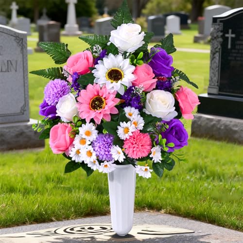 Waipfaru Artificial Cemetery Flowers for Grave, 2 Sets Artificial Flowers for Cemetery Memorial, Realistic UV Resistant Si...