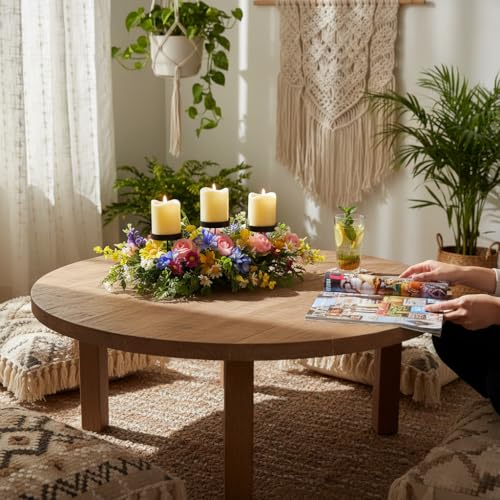 Lnymura Spring Summer Centerpiece with 3 Candle Holders, 24 Inch Colorful Artificial Wildflower Arrangement with Roses, Da...