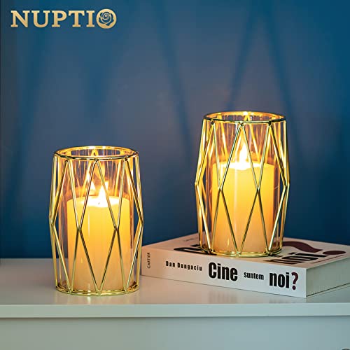 Nuptio Candle Holders for Pillar Candles - Geometric Candleholders Gold Flower Vase with Hurricane Cylinder Glass Dual Use...