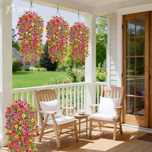 Faylifeway Artificial Hanging Flowers for Outdoors Spring Summer Decoration, 4PCS UV Resistant Silk Fake Hanging Plants fo...