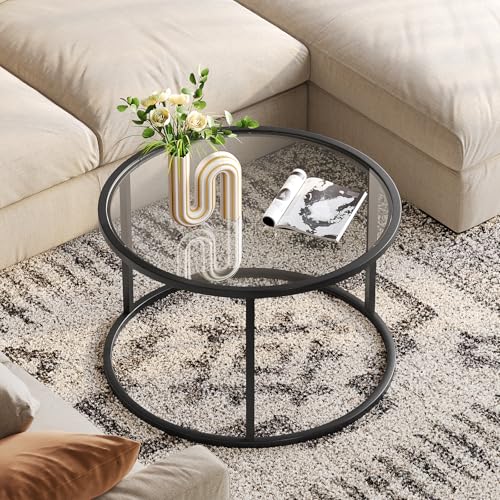 SAYGOER Small Glass Coffee Table Round Coffee Tables 27.6In Modern Tempered Glass-Top Accent Center Table for Living Room ...