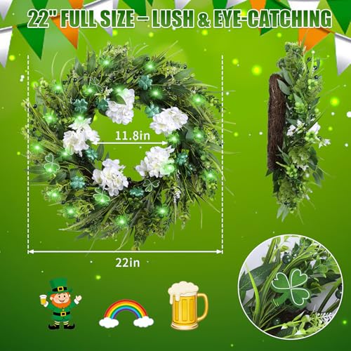 22" St. Patrick’s Day Wreath for Front Door, Green Shamrock & White Hydrangea Artificial Wreaths with LED Lights, Spring H...