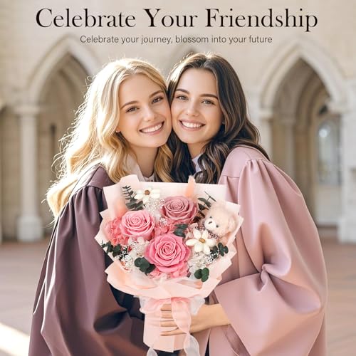 Preserved Flowers Bouquet with Bear, 3 Real Forever Flowers for Delivery, Long-Lasting Pink Eteranl Roses Bouquet, Anniver...