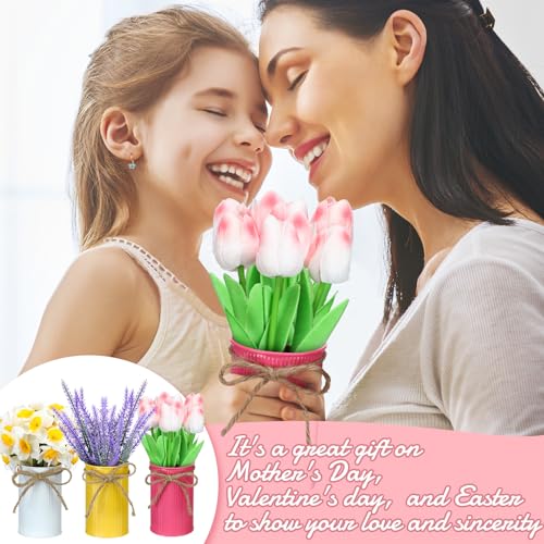 Zeyune 3 Pack Fake Potted Flowers Artificial Daffodils Flower Plants in Metal Pots Spring Artificial Flower Lavender Tulip...