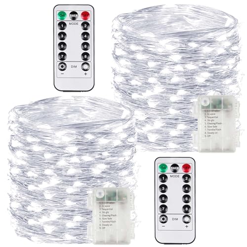 2 Pack 200LED Christmas Battery Operated Fairy Lights with Remote, 8 Modes String Lights with Timer, Dimmable, Memory Func...