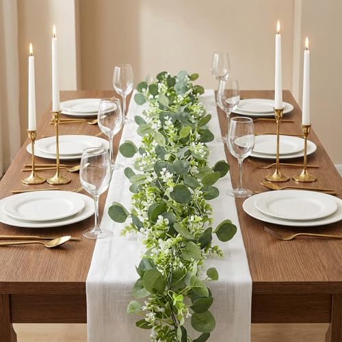 IMengjbang 6 Pack 5.9 Feet Faux Eucalyptus Garlands Bulk, Artificial Wedding Garland with White Flowers Faux Silver Dollar...