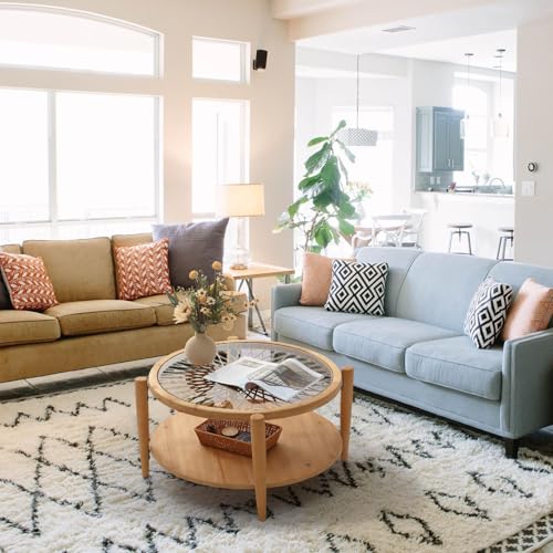 RUSTOWN Rattan Coffee Tables,2-Tier Round Boho Cocktail Tables, Mid Century Modern Coffee Table with Rattan & Tempered Gla...