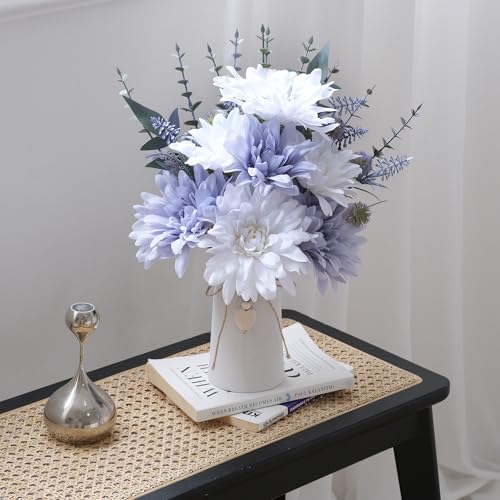 16" Artificial Flowers with Eucalyptus Stems and Greenery, Faux Dahlia Flower Arrangement in White Ceramic Vase with Heart...