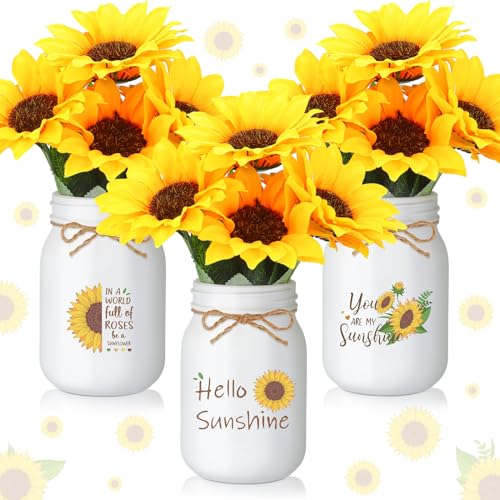 Ziliny Artificial Sunflower Decor Set of 3 Sunflower Table Centerpiece with Mason Jar Fake Flowers for Farmhouse Kitchen D...