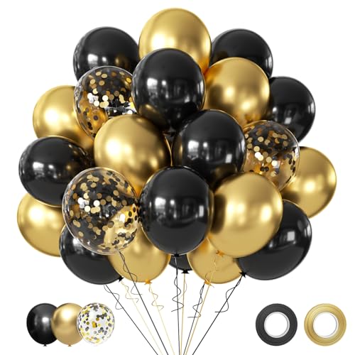 Black and Gold Balloons, 50PCS 12 Inch Black and Gold Confetti Balloon Party Decorations for Birthday,Graduation,New Year...