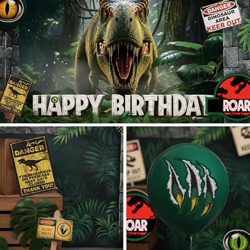 ROAR Dinosaur Birthday Decorations include Sage Green Brown balloon arch & small T-Rex Foil balloons & backdrop Sign & Art...