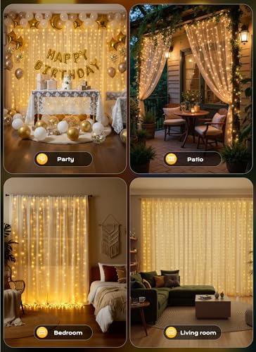 Brightown 300 LED Curtain Lights, 9.8 FT Plug in Fairy Lights for Bedroom, 8 Lighting Modes, Christmas Hanging Lights for ...