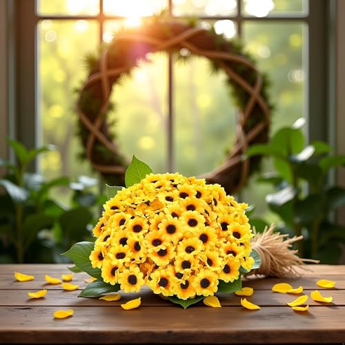 Xinjincang 100Pcs Yellow Fashion Artificial Flower Heads Mini Fake Sunflower Decorative Fabric Flowers Craft Floral Embell...