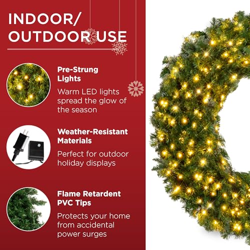 Best Choice Products 36in Large Artificial Pre-Lit Fir Christmas Wreath Holiday Accent Decoration w/ 150 LED Lights, 300 P...