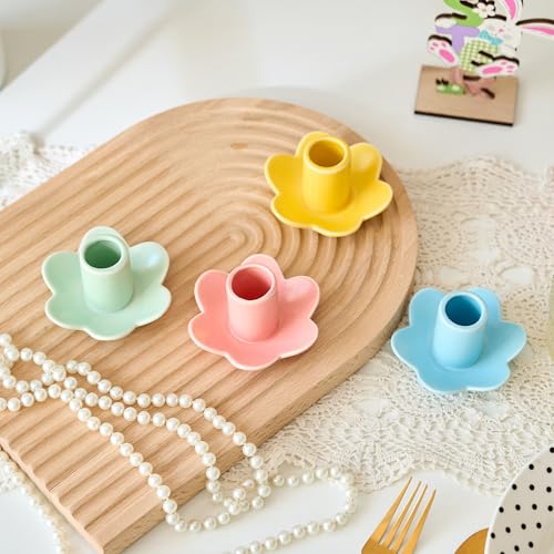 Colorful Ceramic Candlestick Holders Set of 4, Cute Easter Taper Candle Holders Chic Flower Shaped Table Centerpiece for W...