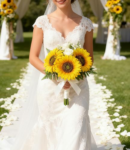 Sunflowers Artificial Flowers 6PCS Long Stem Large Fake Sunflower Kitchen Decor Realistic Silk Yellow Faux Flower For Birt...