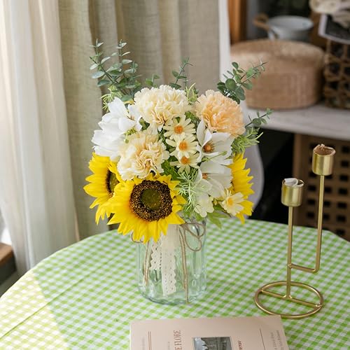 LUEUR Fake Flowers Artificial Sunflowers with Vase, Faux Silk Carnation,Daisy Flowers for Home Office Decorations, Kitchen...