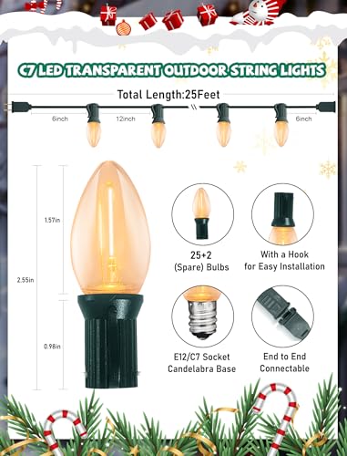 Romasaty C7 LED Christmas Lights, 25Ft Vintage C7 Christmas Lights with 27 LED Clear Bulbs, Hanging Connectable String Lig...