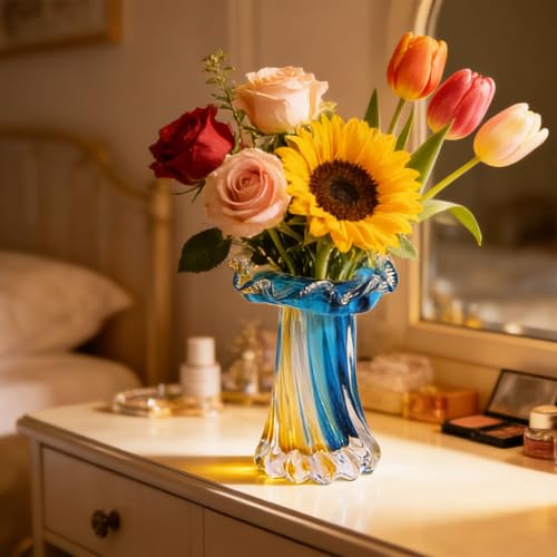 Unique Blue & Gold Hand Blown Art Glass Vase - Blue & Gold Sculptural Flower Vase for Centerpieces, Home Decor & Living Ro...