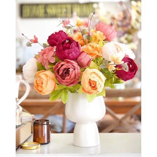 FiveSeasonStuff Artificial Peony Bouquets, 2 Silk Flower Bundles in Peach, Coral, Cream & Burgundy with Hydrangeas for Wed...