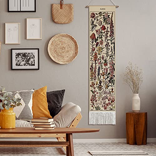 Tegeme Vintage Tapestry 52 x 13 Inch, Long Vertical Wall Hanging Reference Illustrative Botanical Tassel Tapestry for Bedr...