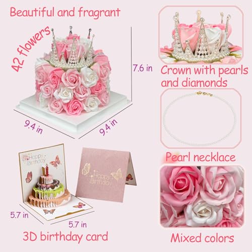 EIGHTOWN Forever Cake with Pink Preserved Flowers - Bouquet Preserved Roses for Women - Birthday Gift for Her with Crown (...