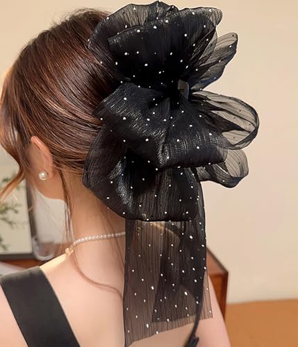Rannyrena Large Hair Bow for Women Long Satin Silk Knot Hair Claw Clips Lace Black Tulle Hair Barrettes with Pearls Long T...