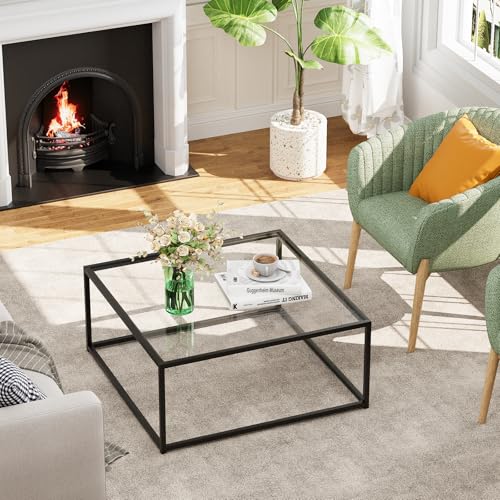 Black Glass Coffee Table for Living Room,Square Coffee Tables for Small Spaces,Simple Tea Cocktail Modern Center Tables, L...
