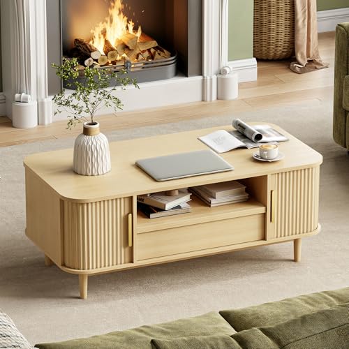 IRONCK 47.2" Modern Coffee Table with Storage, Wooden Coffee Tables with Drawers and Sliding Door, Fluted Center Table for...