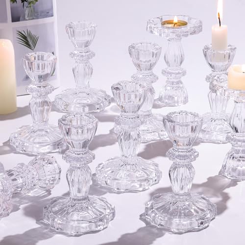 Simeitol 12pcs Taper Candle Holders, Candlestick Holders, Glass Candle Holder - Vintage Flower Design Candle Holders for W...