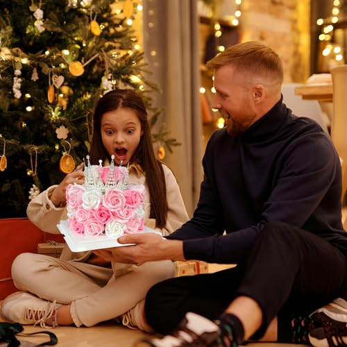 EIGHTOWN Forever Cake with Pink Preserved Flowers - Bouquet Preserved Roses for Women - Birthday Gift for Her with Crown (...