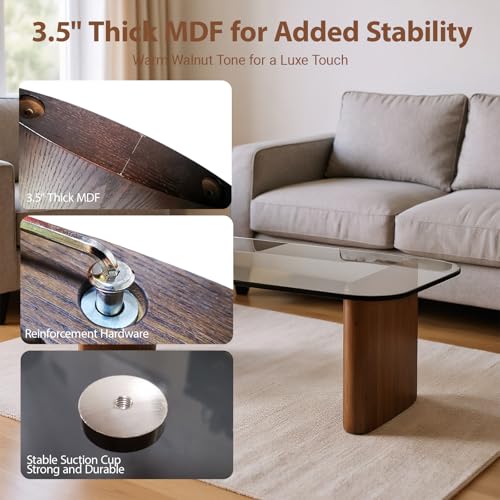 Modern Glass Coffee Table, Coffee Table for Living Room,Tempered Glass-top with Sturdy Wooden Base, Modern Coffee Tables f...